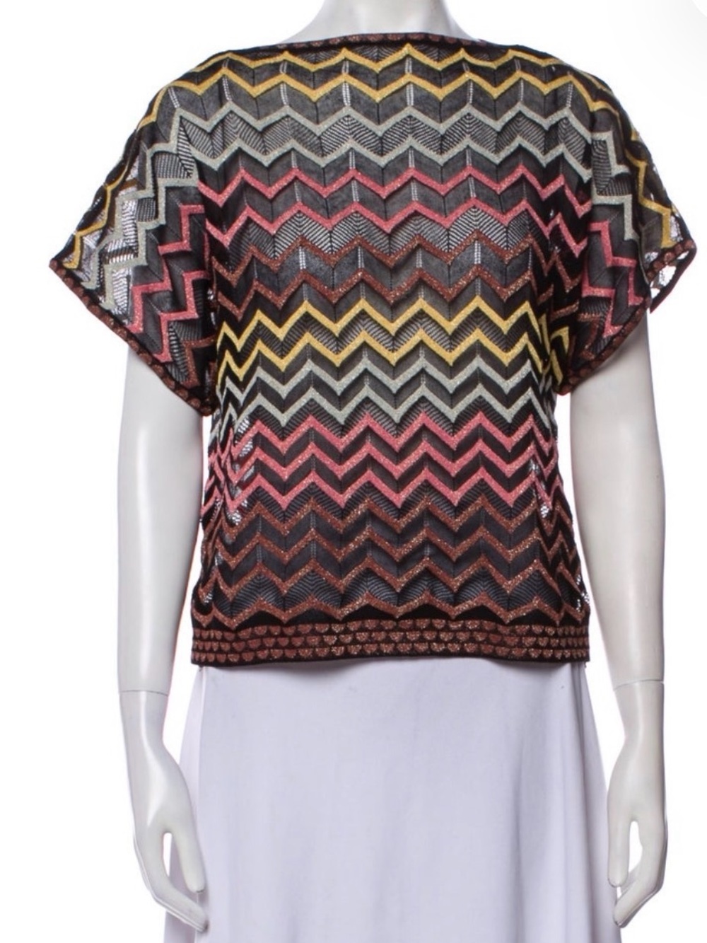 Missoni Chevron Knit Short-Sleeve Top in Black, Pink & Yellow